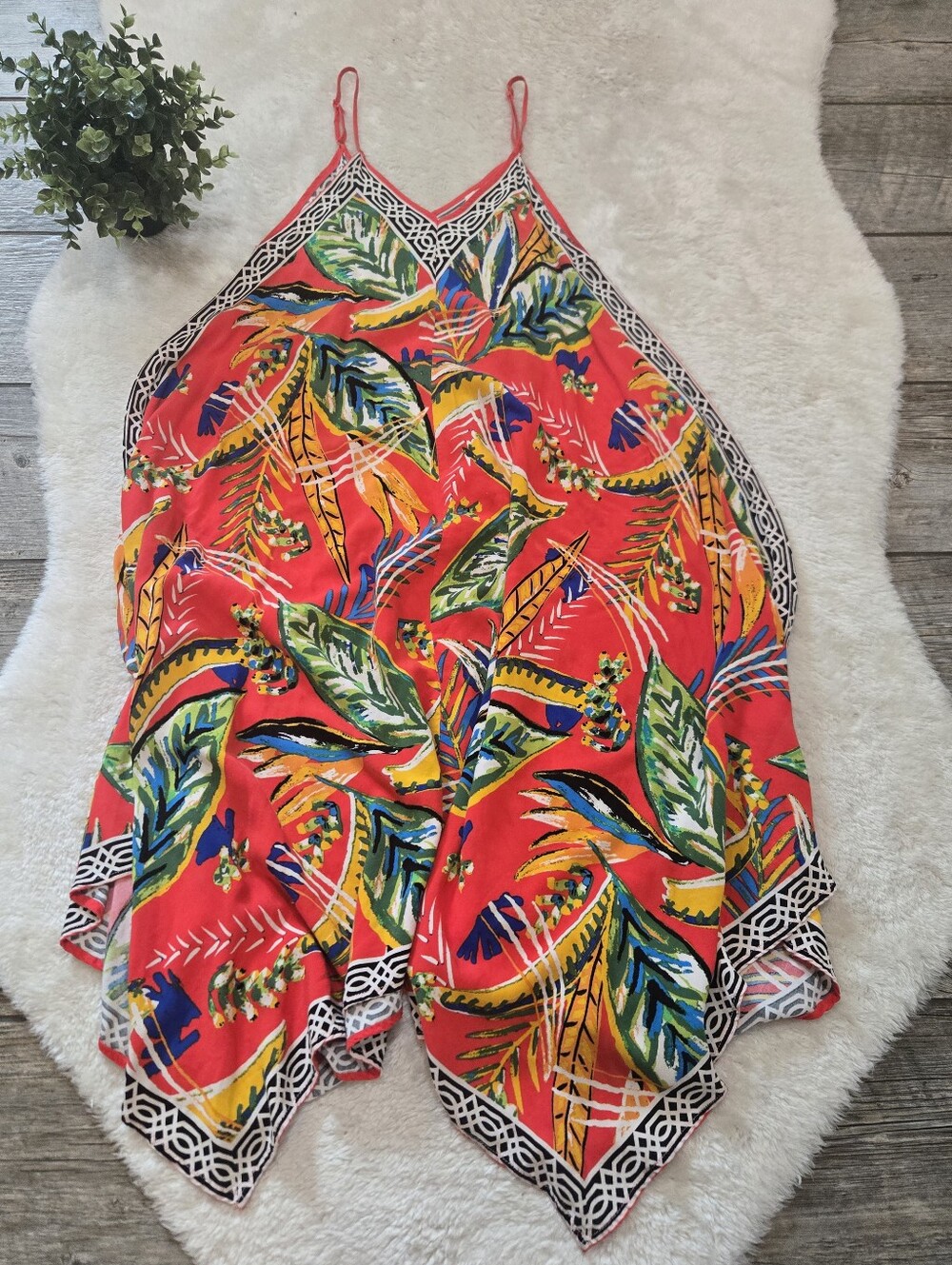 Jealous Tomato Coral Red Tropical Halter Handkerchief Hem Boho Midi Dress, XS